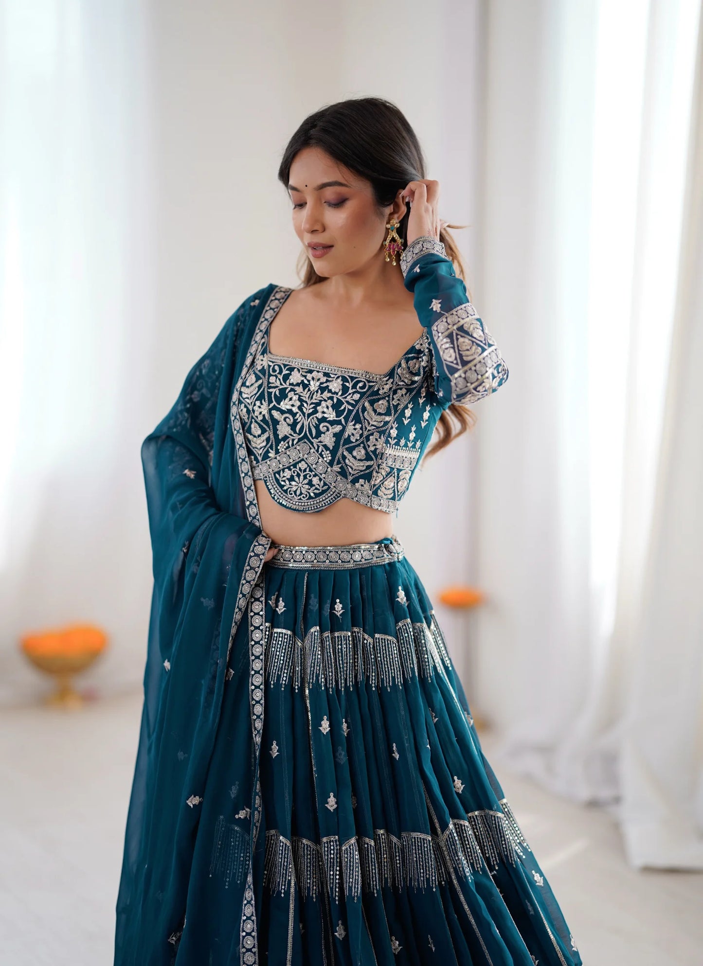 Blue Faux Georgette Thread Embroidery Lehenga Choli