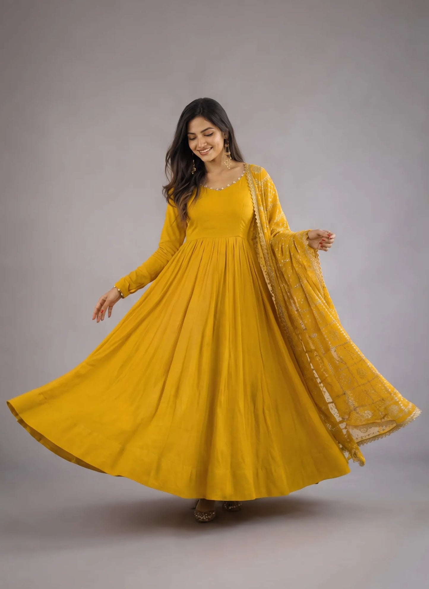 Yellow Heavy Roman Silk Anarkali Suit