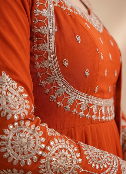 Orange Roman Silk Designer Anarkali Suit
