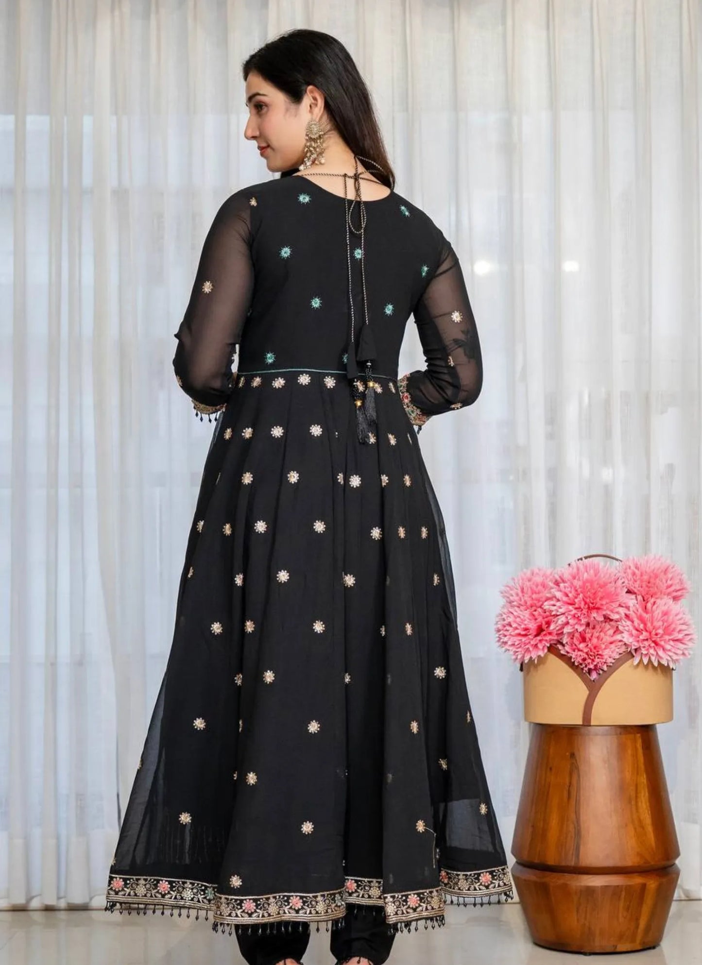 Black Faux Blooming Fabric Thread Embroidered Anarkali Suit