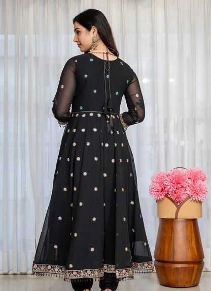 Black Faux Blooming Fabric Thread Embroidered Anarkali Suit