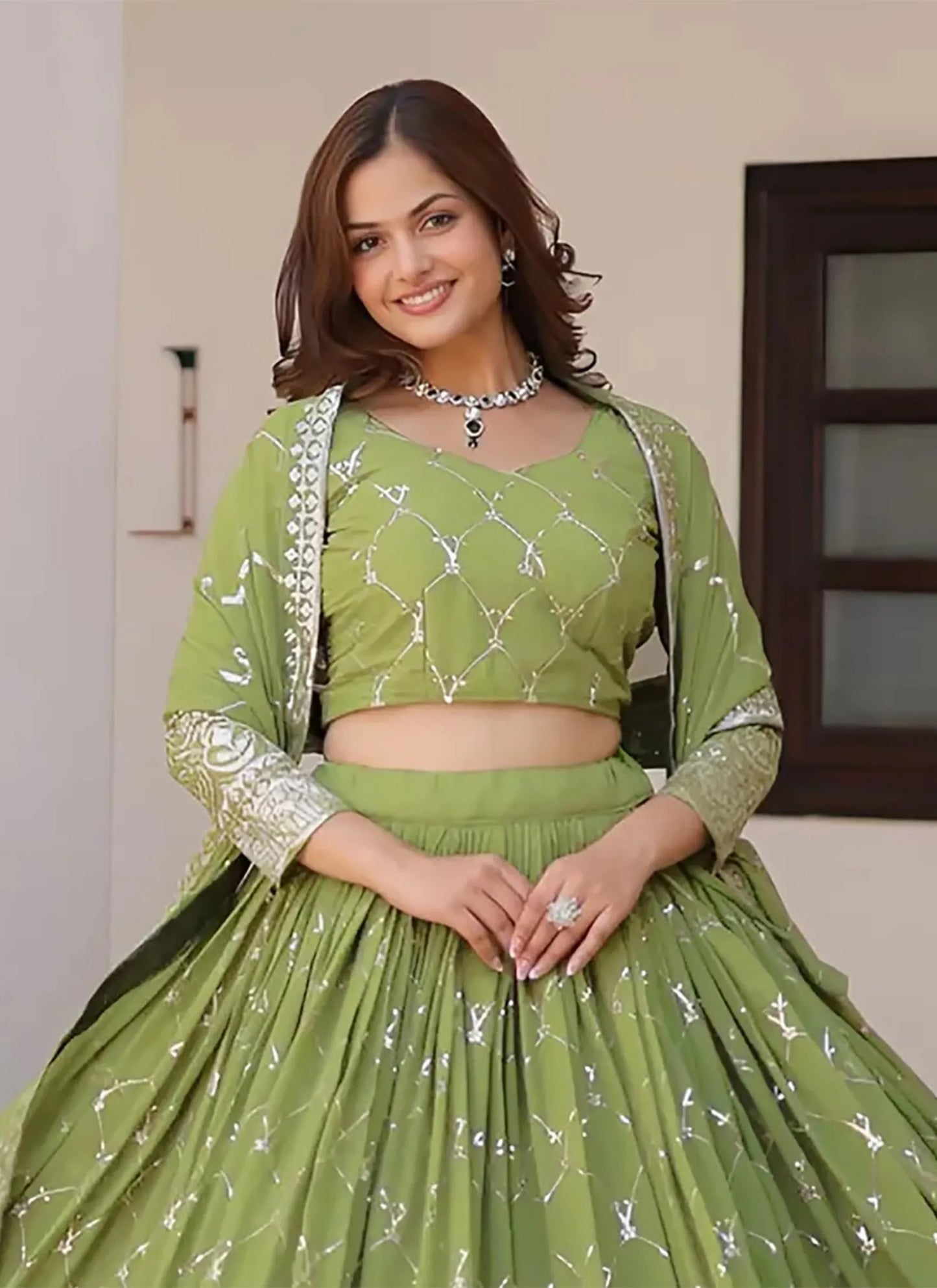 Salmon Semi Stitched Lehenga Choli Pista