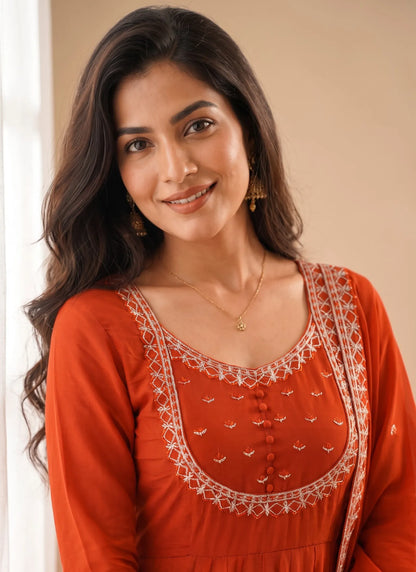 Orange Roman Chanderi Silk Anarkali Suit