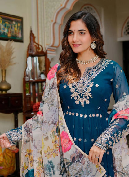 Blue Georgette Thread Work Anarkali Suit