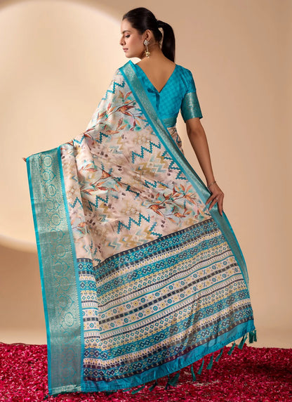 Modern Prints Soft Lichi Silk Saree Aqua