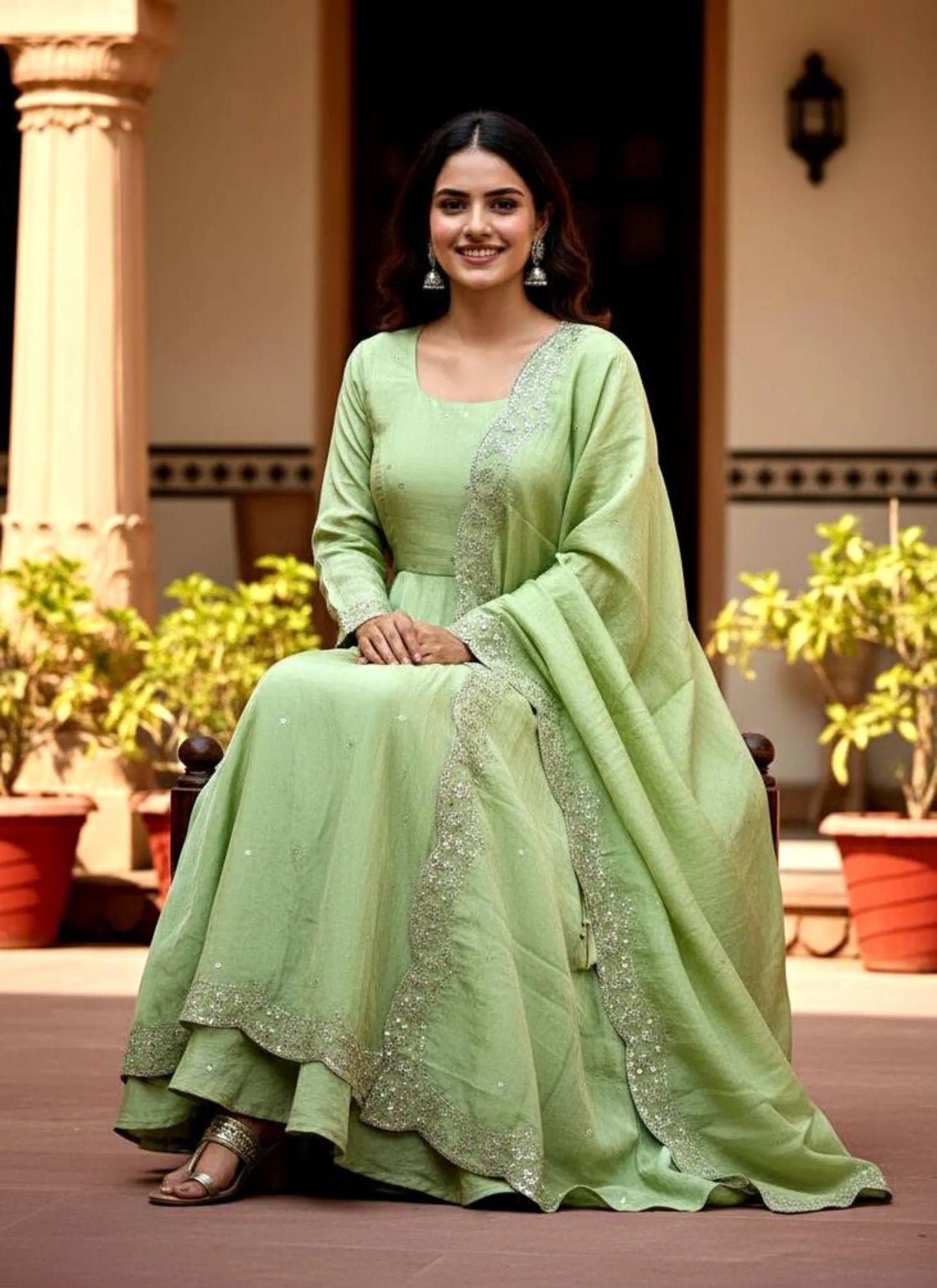 Embroidery Zari Work Silk Gown Light Green
