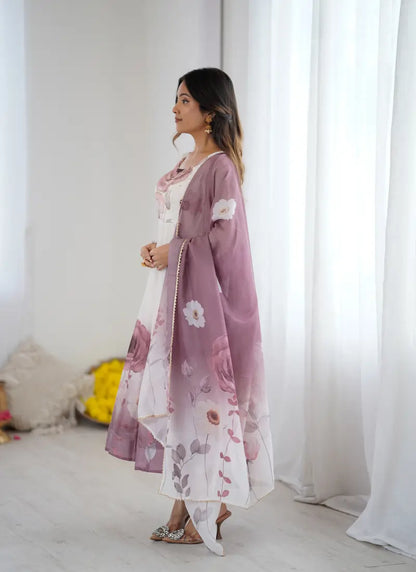 Heavy Pure Soft Organja Silk Print Anarkali Onion Pink