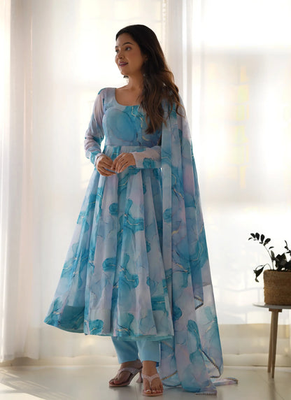 Pure Soft Organja Silk Marble Print Anarkali Sky