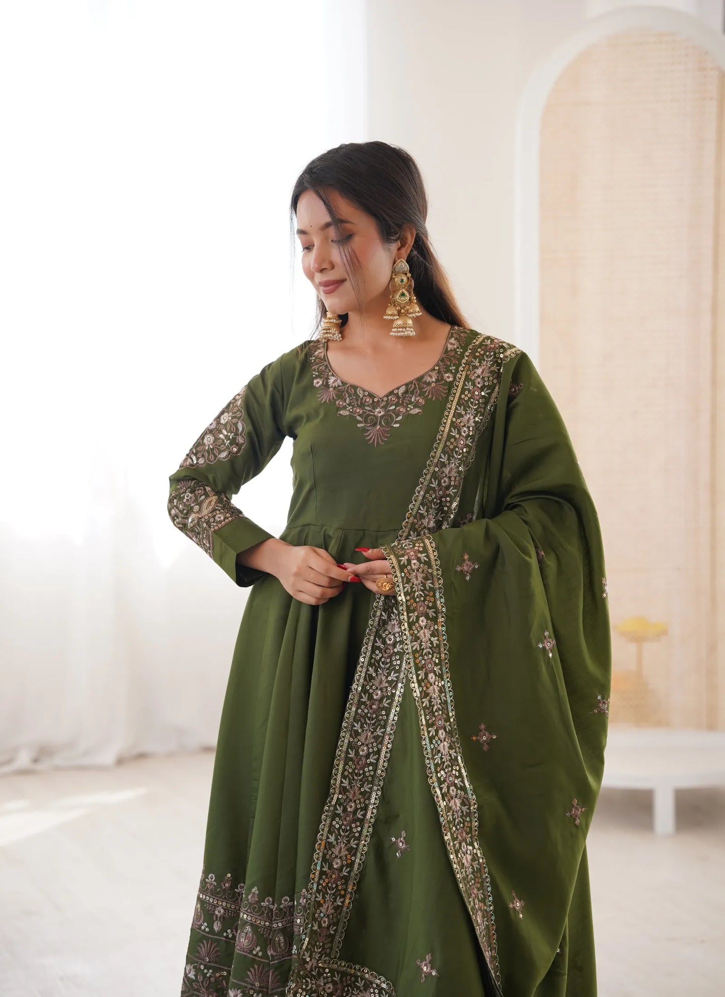 Green Embroidered Sequence Anarkali Suit