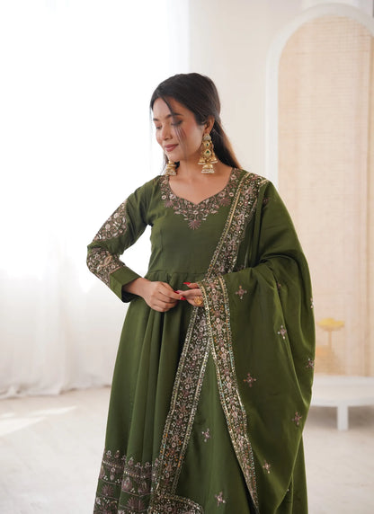 Green Embroidered Sequence Anarkali Suit