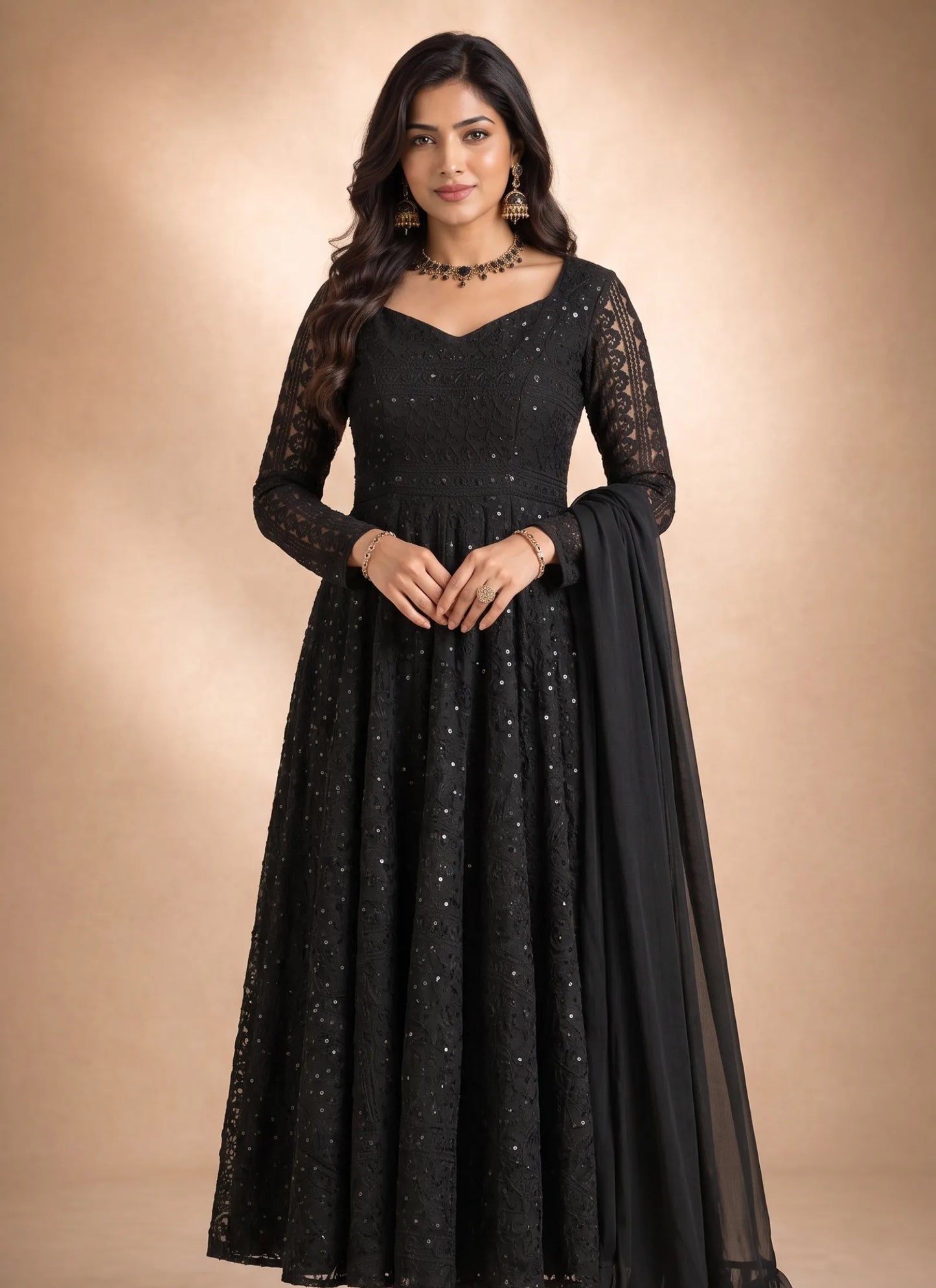 Black Lucknowi Sequence & Thread Work Anarkali Suit