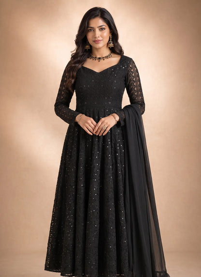 Black Lucknowi Sequence & Thread Work Anarkali Suit