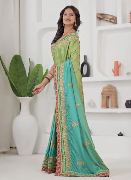 Beautiful Embroidery Silk Saree Green