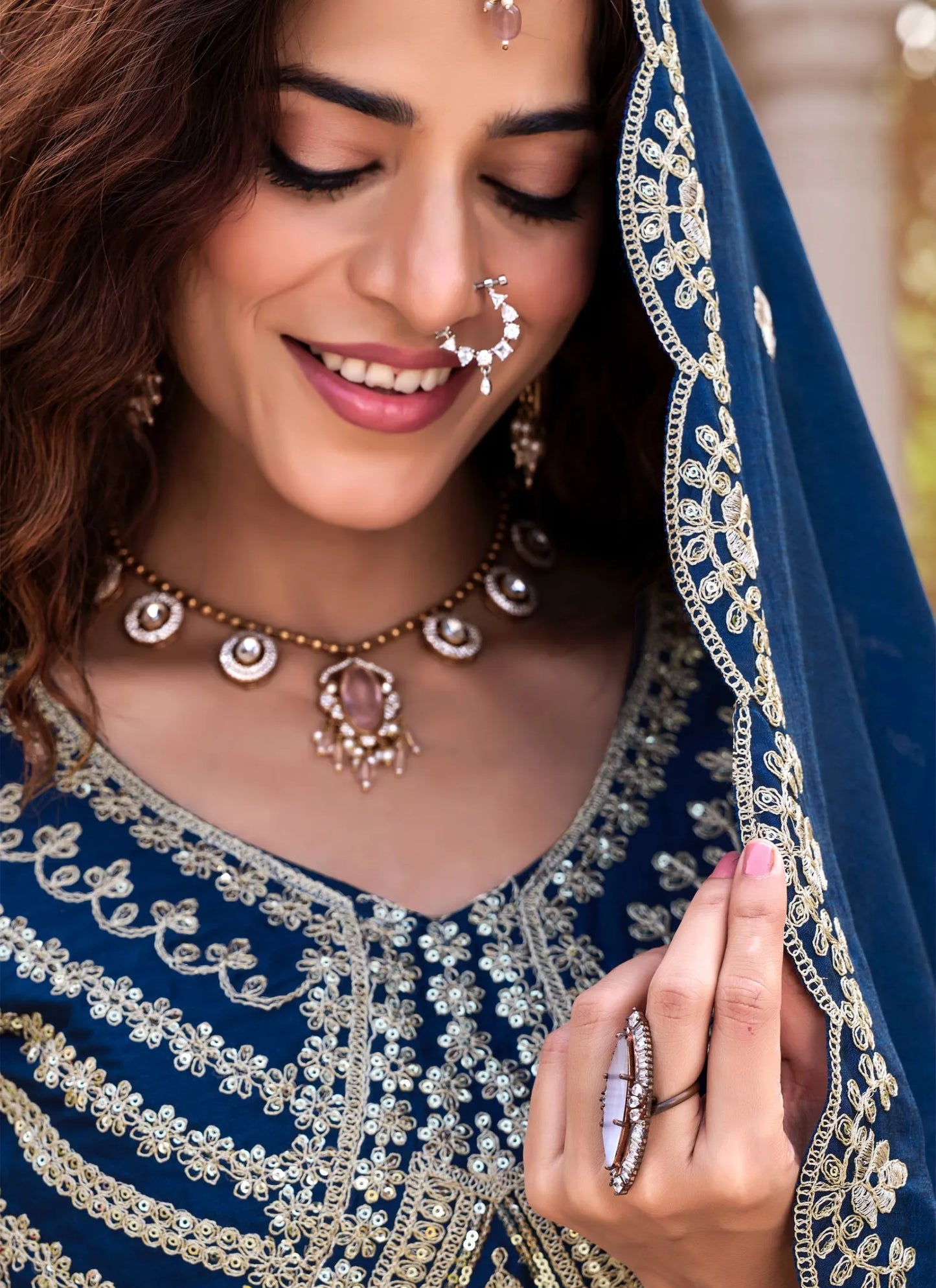 Blue Pure Vichitra Silk Embroidery Thread Work Lehenga Choli