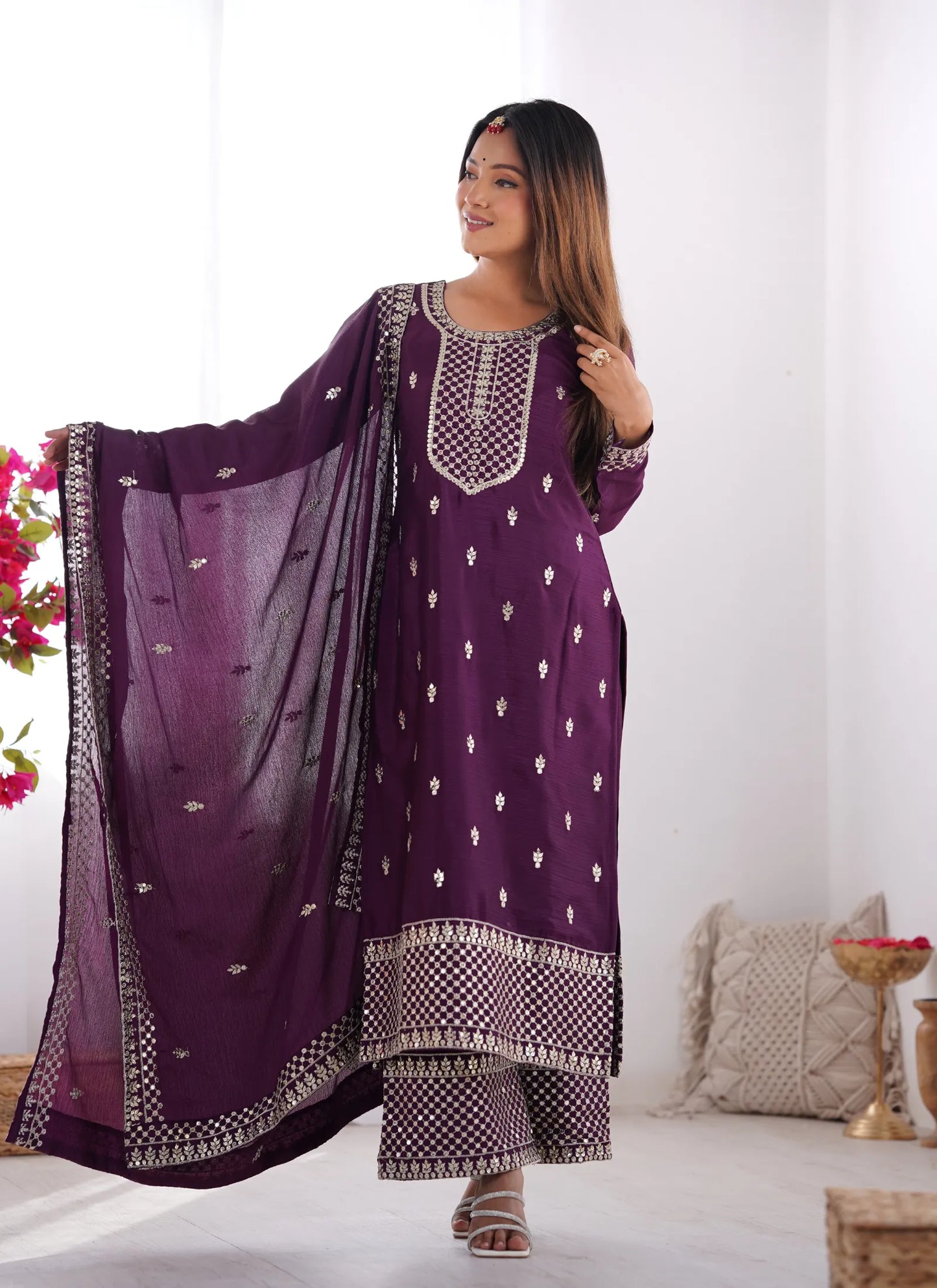 Pure Chinon Silk Embroidery Kurta Wine