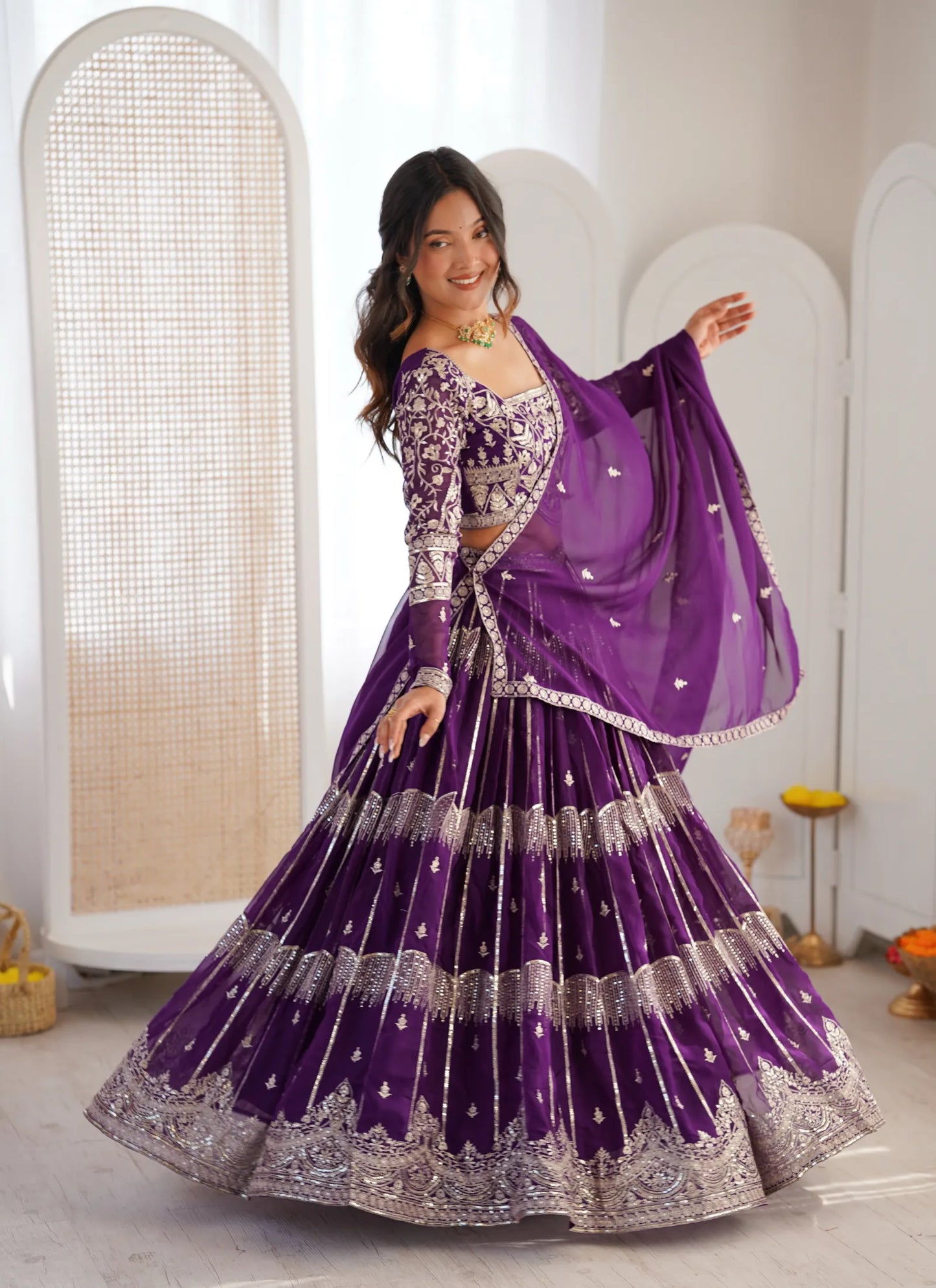 Purple Faux Georgette Thread Embroidery Lehenga Choli