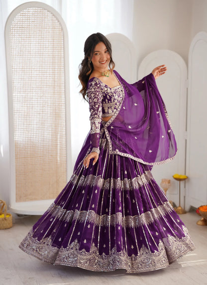 Purple Faux Georgette Thread Embroidery Lehenga Choli