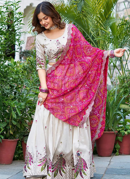 Peacock Semi Stitched Lehenga Choli White