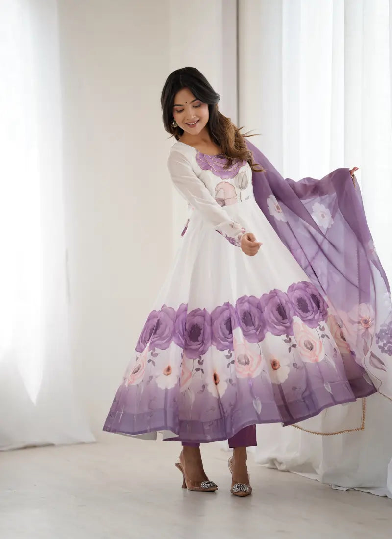 Heavy Pure Soft Organja Silk Print Anarkali Violet