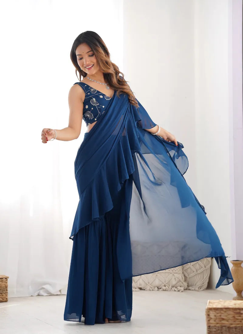 Ready To Wear Sharara Saree Teal Blue