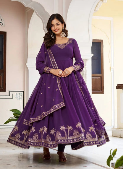 Purple Faux Georgette Thread Work Anarkali Suit