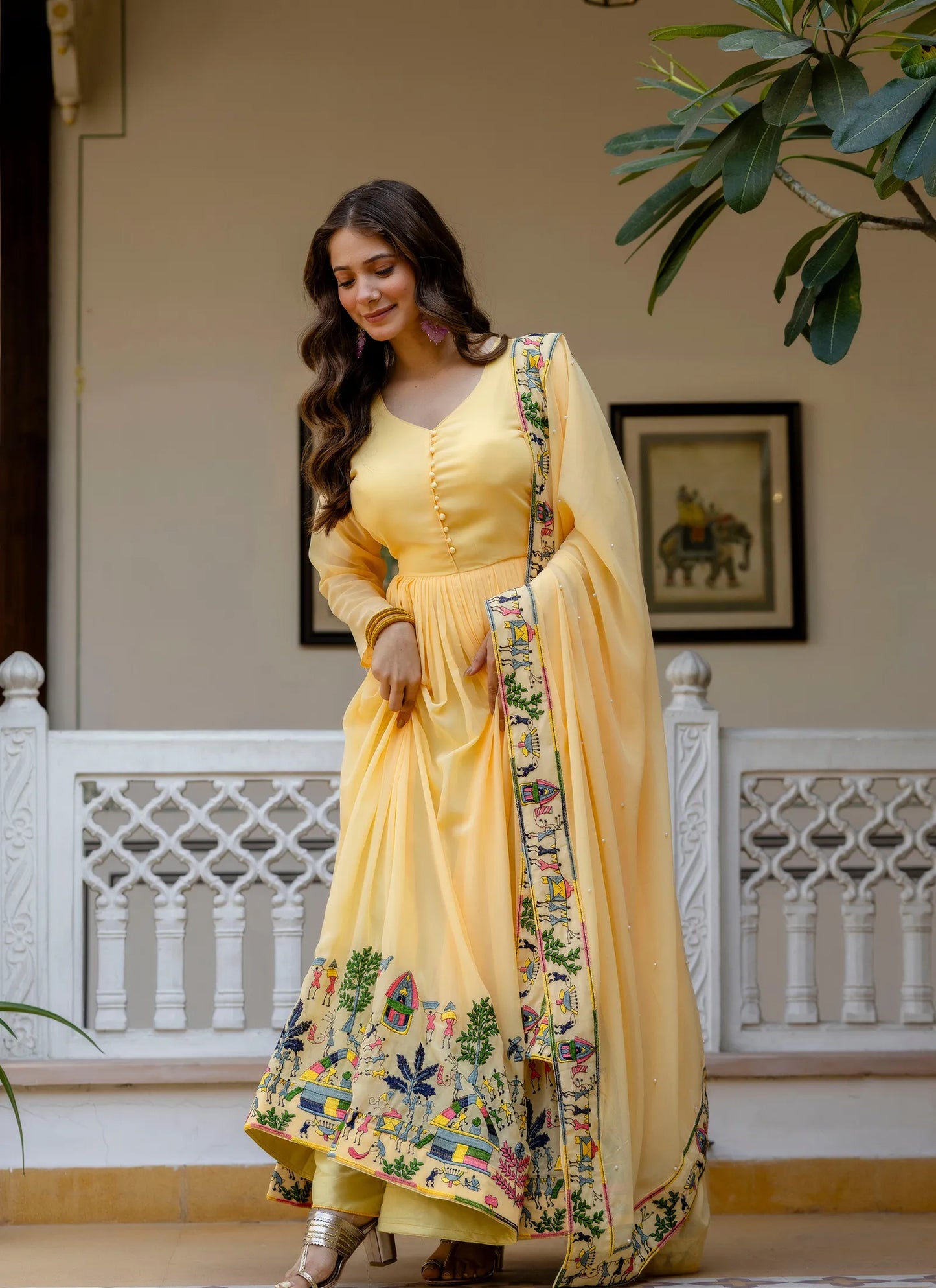 Yellow Embroidered Faux Georgette Gown