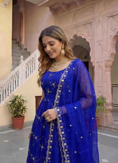 Blue Fandy Silk Embroidery Anarkali Gown