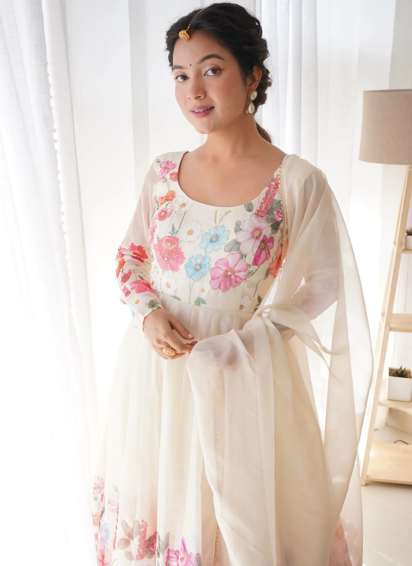 Pure Soft Organja Silk Anarkali Cream