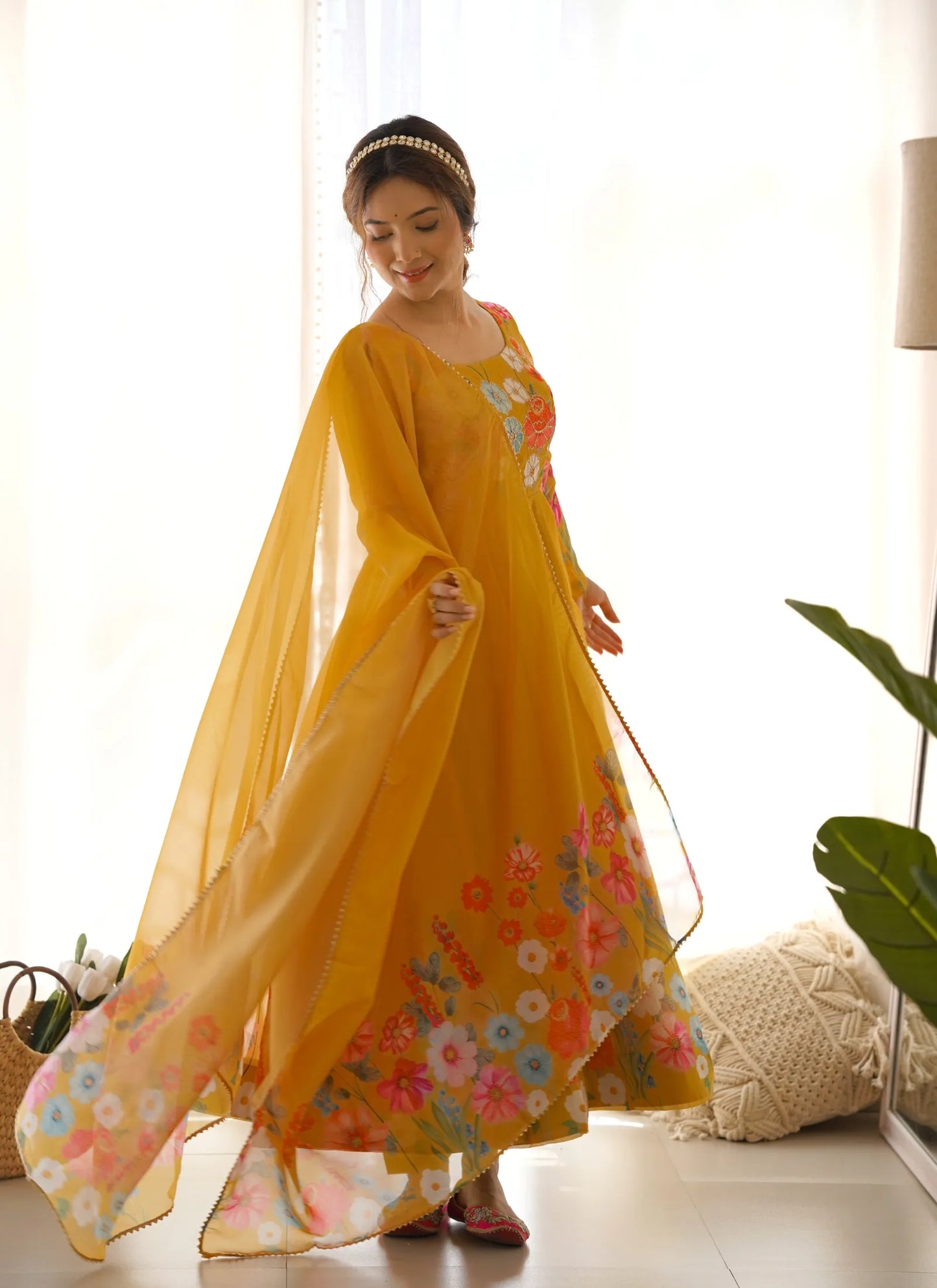 Pure Soft Organja Silk Anarkali Yellow