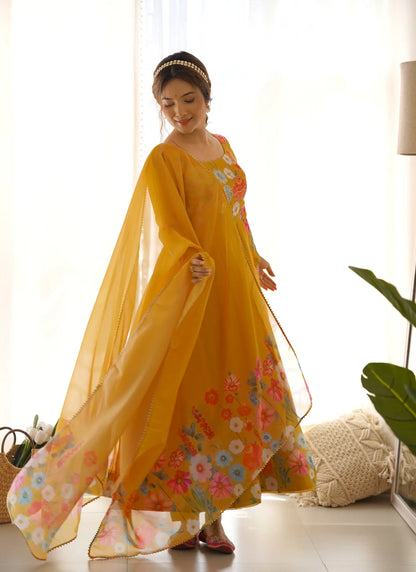 Pure Soft Organja Silk Anarkali Yellow