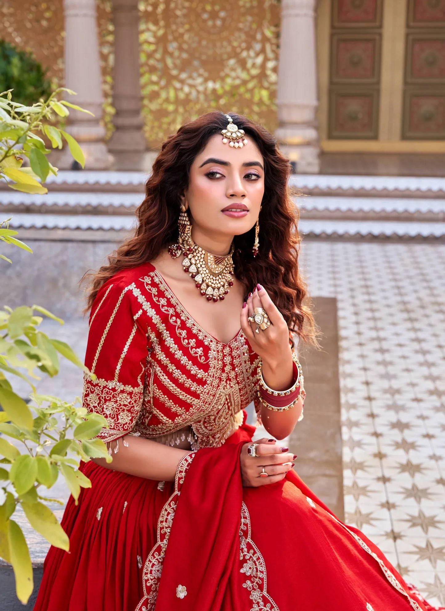 Red Pure Vichitra Silk Embroidery Thread Work Lehenga Choli