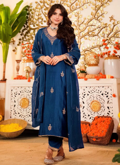 Premium Vichitra Silk Kurta Set Blue