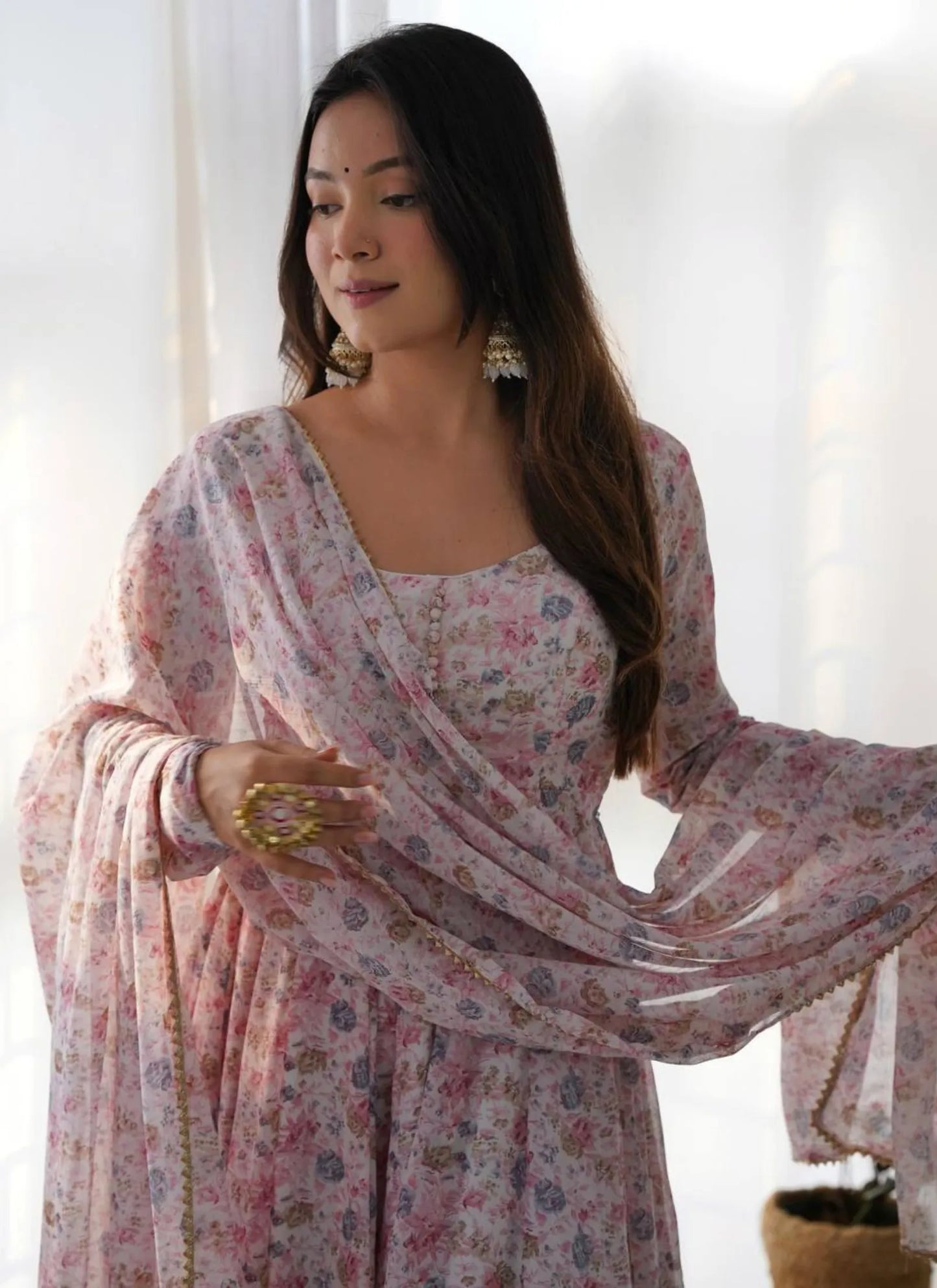 Pure Chiffon Floral Print Anarkali Pink