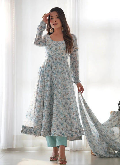 Pure Chiffon Floral Print Anarkali Sky