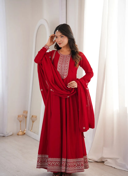 Dark Red Vichitra Silk Embroidered Gown