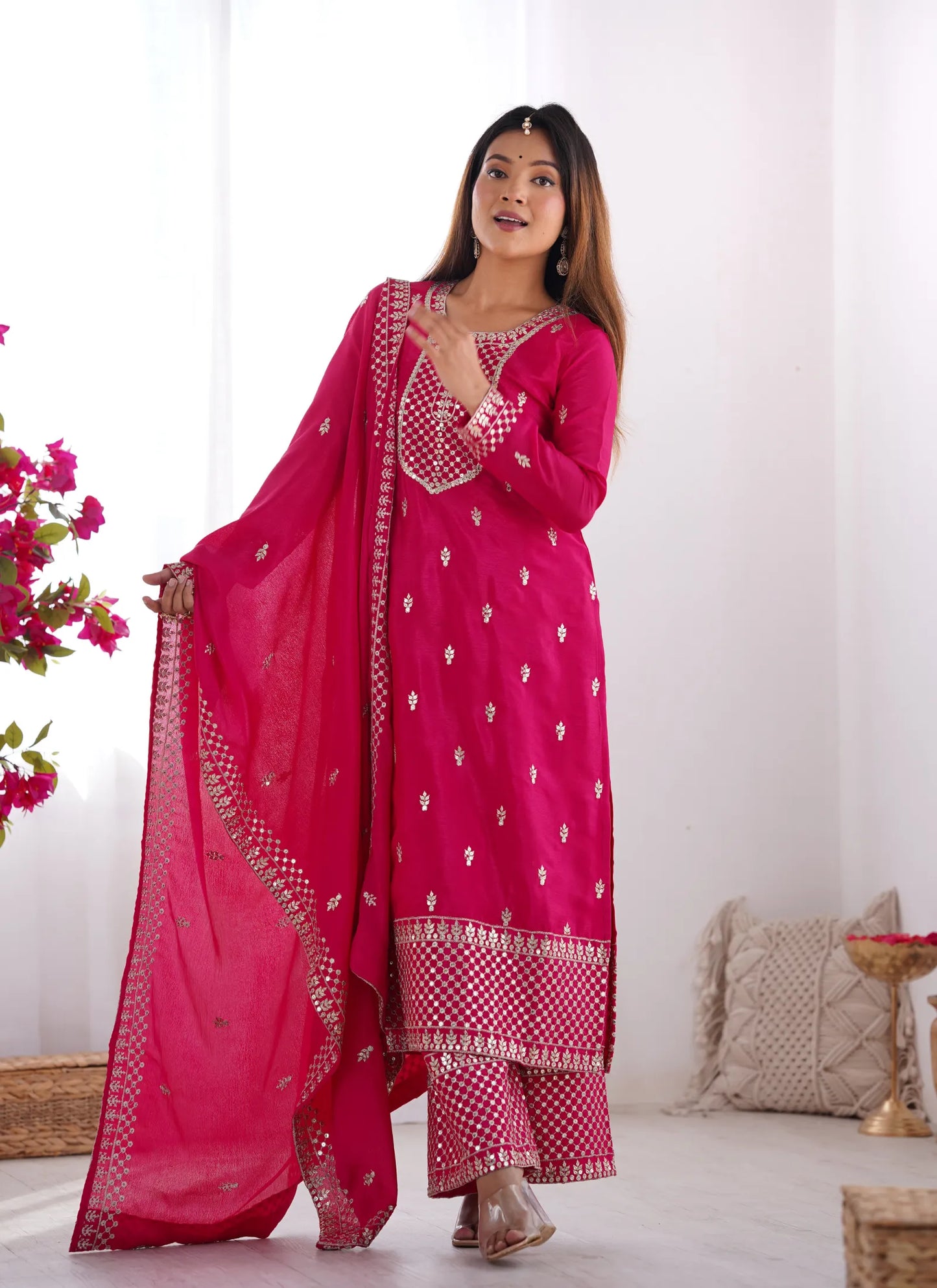 Pure Chinon Silk Embroidery Kurta Pink