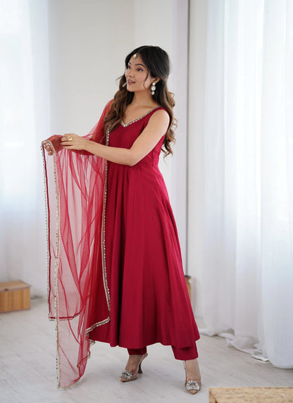 Pure Romansilk Chanderi Fabric Anarkali Maroon
