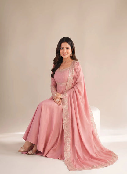 Pink Roman Silk Designer Anarkali Suit
