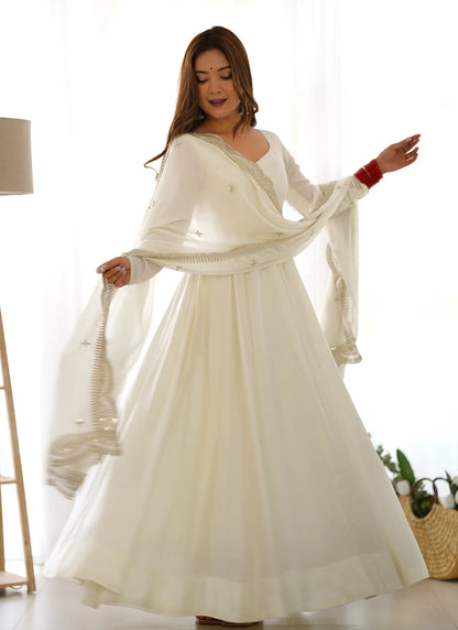 Pure Romansilk Chanderi Fabric Anarkali White