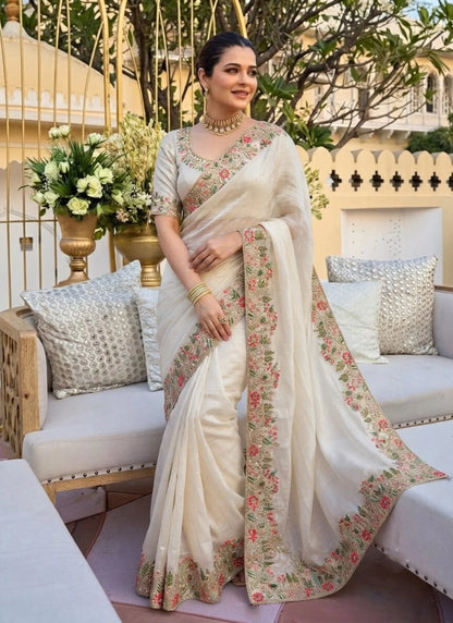 Off-White Soft Fendy Satin Silk Saree