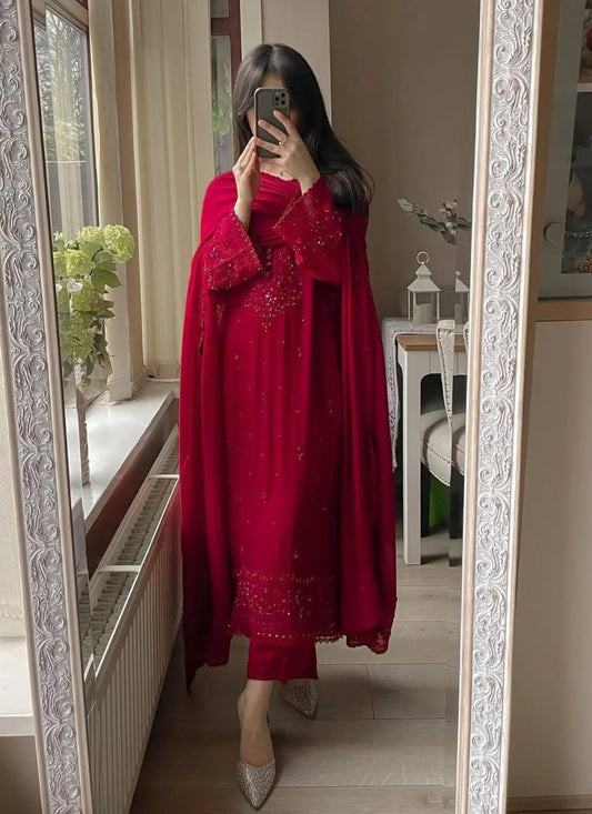 Premium Georgette Embroidery Salwar Suit Red