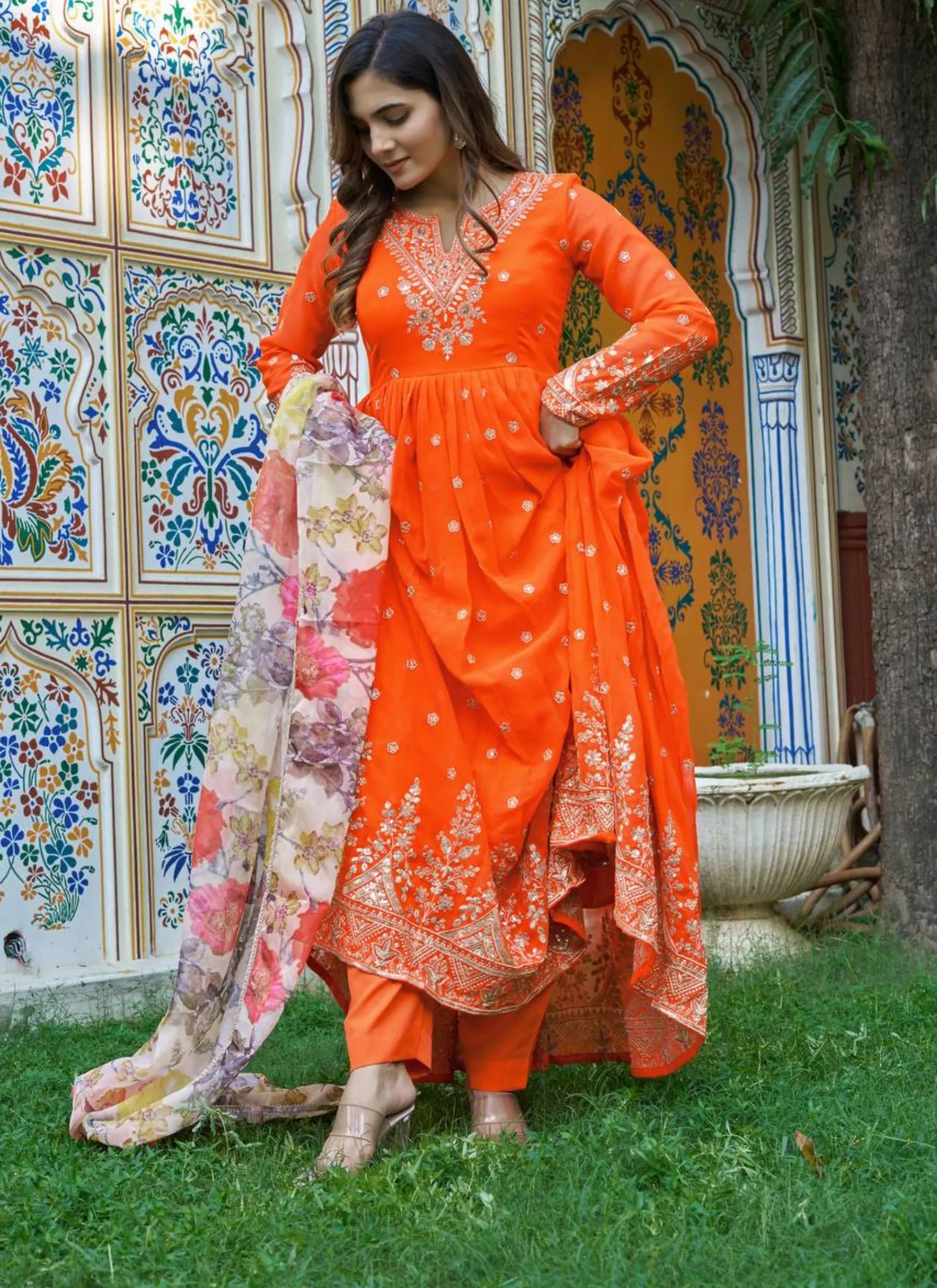 Orange Georgette Thread Work Anarkali Suit