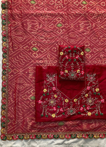 Red Chakradhar Bandhej Georgette Saree