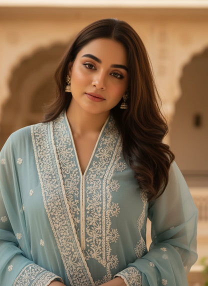 Silk Mangaldeep Kurta Set Sky