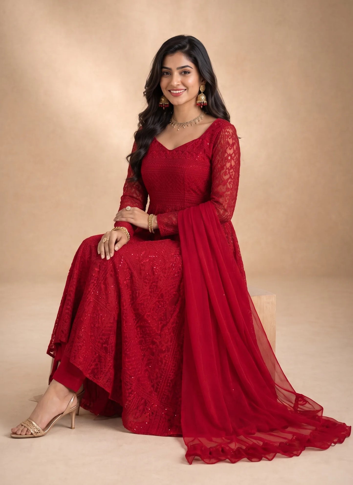 Red Lucknowi Sequence & Thread Work Anarkali Suit