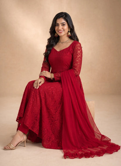 Red Lucknowi Sequence & Thread Work Anarkali Suit