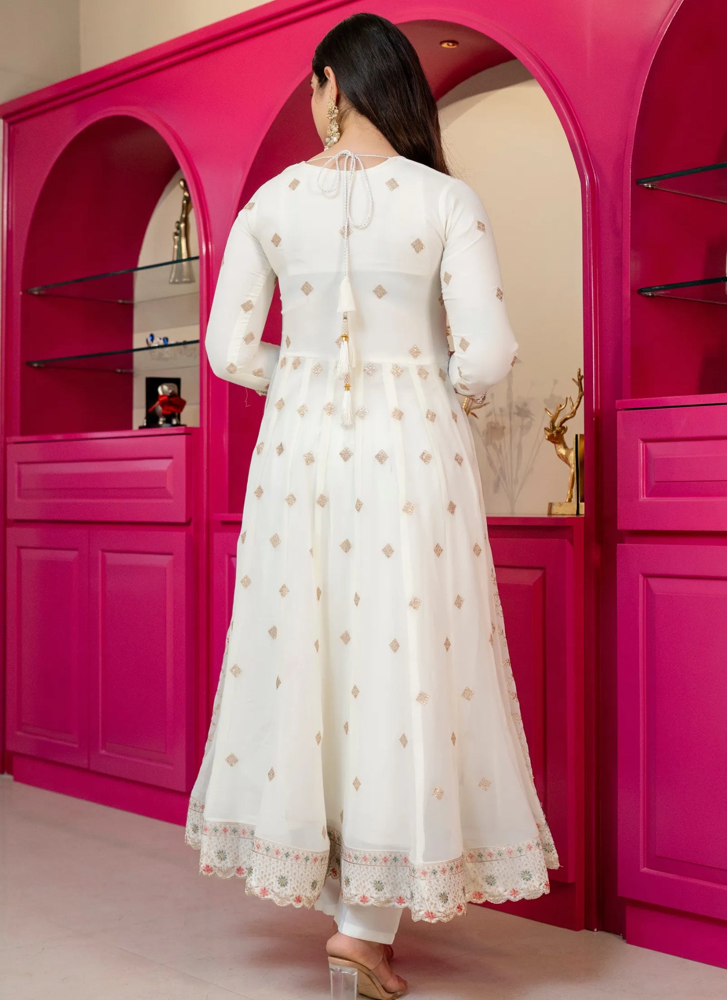 Off White Faux Blooming With Thread Embroidered Work Anarkali Suit