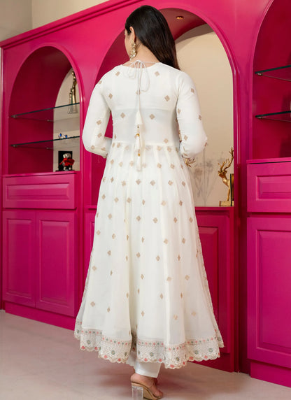 Off White Faux Blooming With Thread Embroidered Work Anarkali Suit