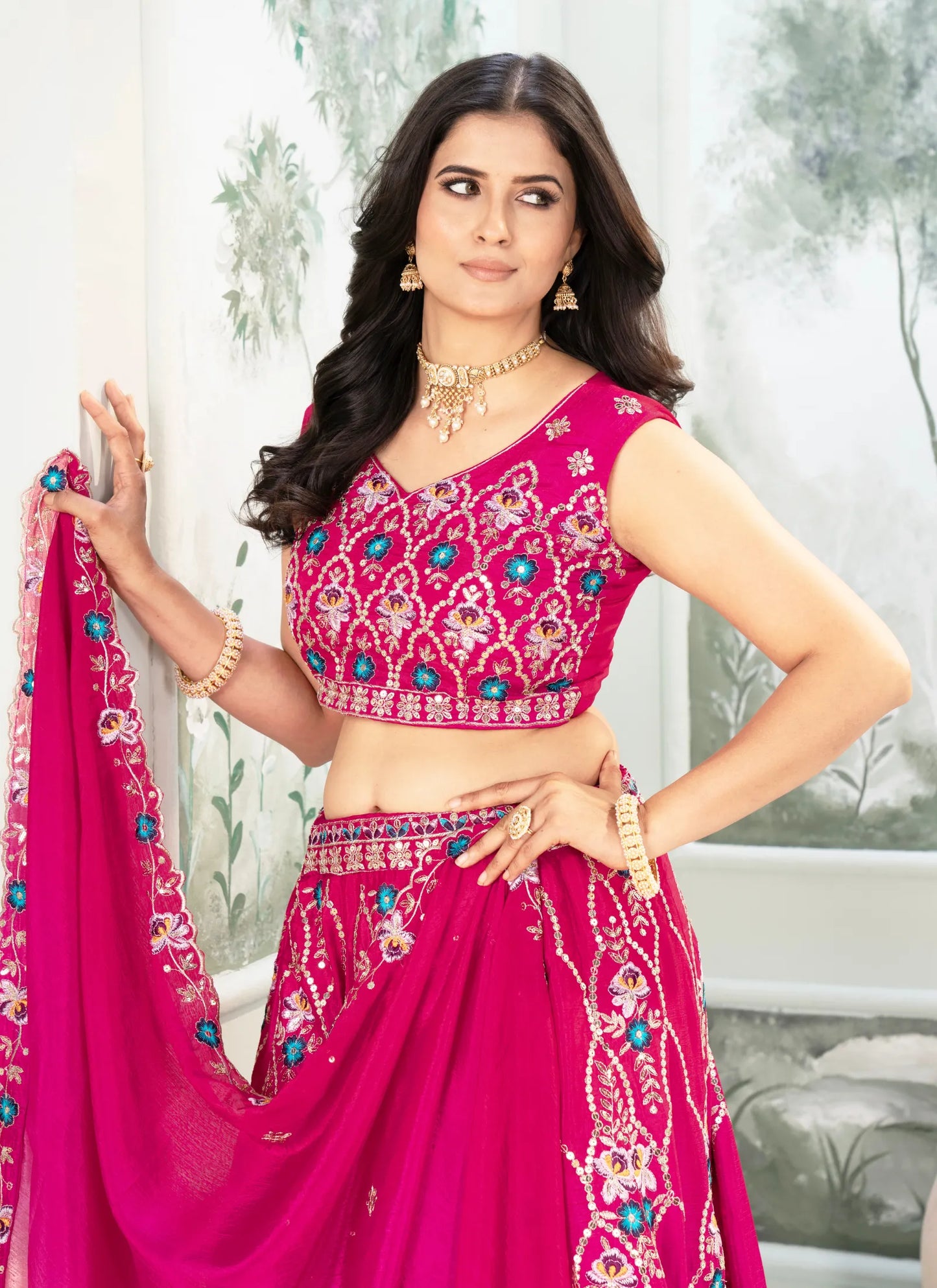 Pink Embroidery Chinon Silk Lehenga Choli