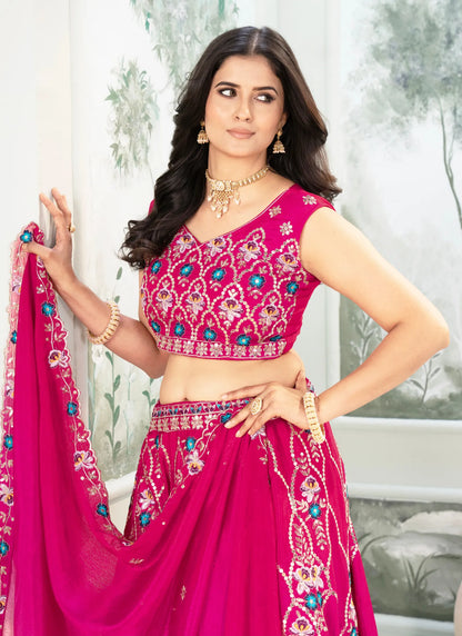 Pink Embroidery Chinon Silk Lehenga Choli